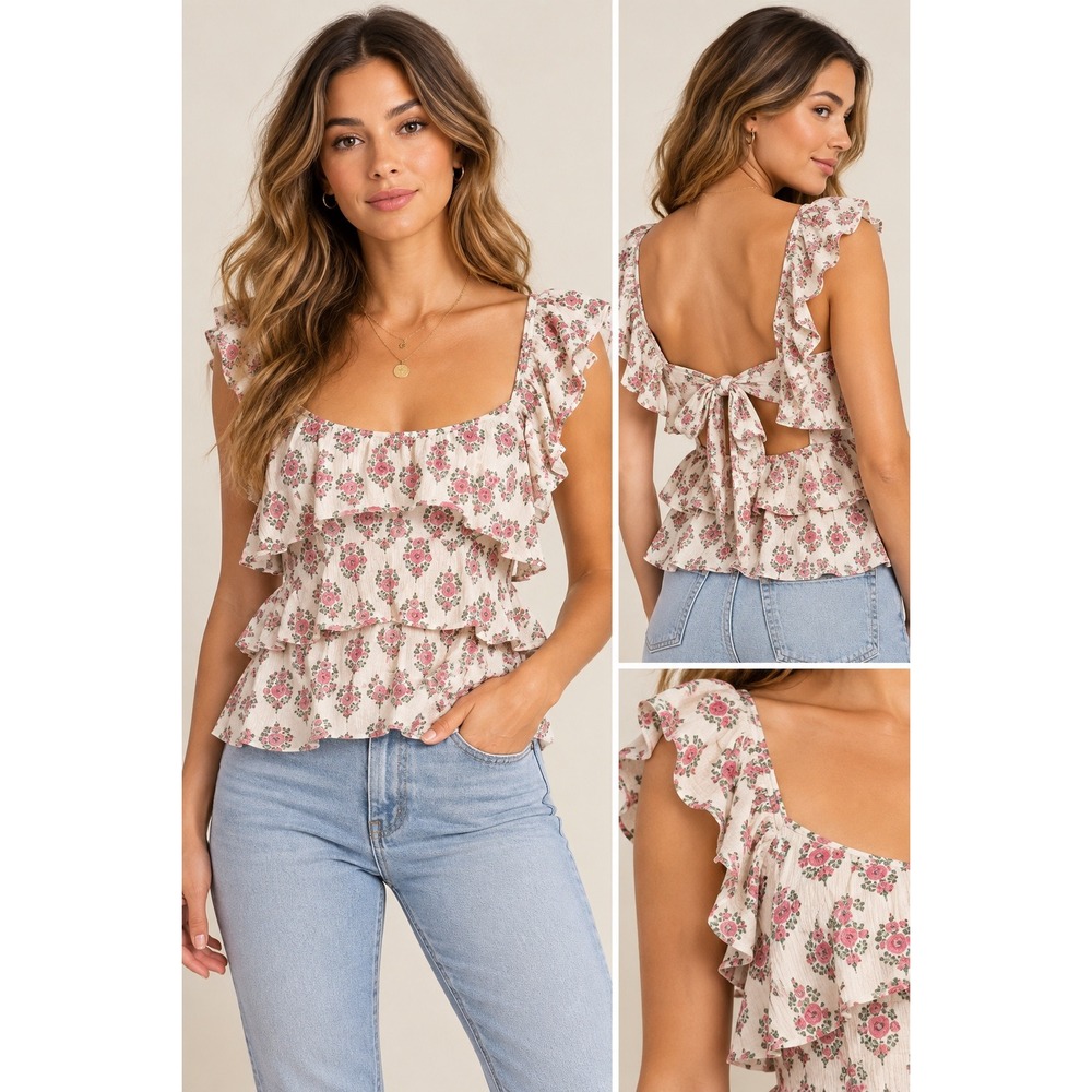 Club Monaco Floral Ruffle Open Back Tie Blouse Square Neck Boho S